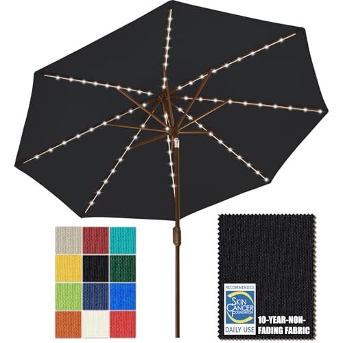 USA 10-Year-Non-Fading 9ft Market Patio Umbrella, Commercial Grade Table Sun Umbrella with 80 Solar LED Lights, Crank Open, Windproof & UPF 50+ UV Protection for Garden, Deck, Pool, Backyard, Black