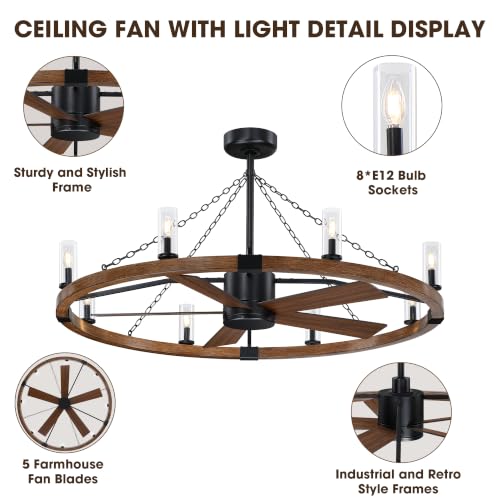 52 Inch Farmhouse Wagon Wheel Ceiling Fans with Lights and Remote