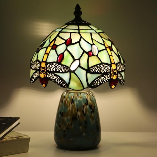 Tiffany Mushroom Table Lamp Dragonfly Style Blue Stained Glass Accent Lamp Brown Blue Glass Base 8X8X12 Inch