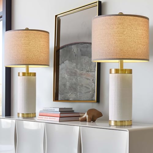 24.5" Modern Ceramic White Bedside Lamp for Bedroom Decor Farmhouse Table Lamp for Living Room Office Dorm (2 Count)