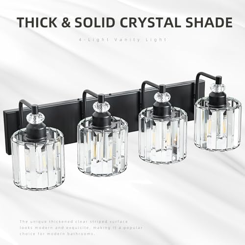 4 Light Black Bathroom Light Fixtures Over Mirror Modern Vanity Lights Crystal Wall Sconce Vintage Bathroom Lighting with Crystal Shade E26 Base for Bedroom