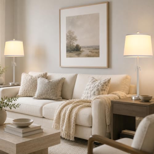 Brushed Nickel Modern Table Lamps Set of 2 Adjustable Height 22" to 30" Silver Nightstand with White Linen Shade 3 Brightness Way Pull Chain Switch Bedside Lamps for Living Room Office (2 Count)