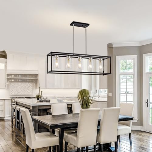 5 Light Dining Room Light Fixture Modern Farmhouse Chandeliers Over Table Black & Brushed Nickel Rectangular Pendent Lighting for Kitchen with Glass Shade Hanging Industrial Ceiling Light