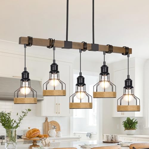 5 Light Kitchen Pendant Lighting Over Island Rustic Solid Wood