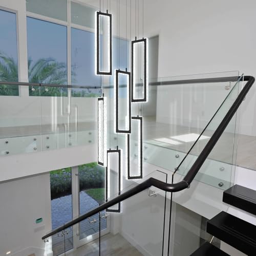 Modern Chandelier 6 Rings Black Chandeliers Lighting Fixture High Ceiling Chandelier Suitable for Living Room Staircase Villa