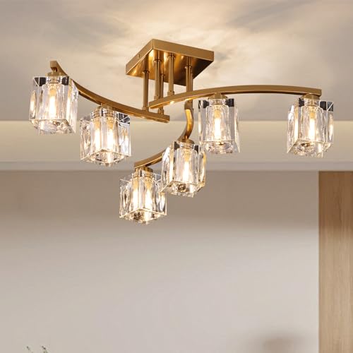 6 Lights Semi Flush Mount Ceiling Light Black and Gold Ceiling Fixture Farmhouse Dining Room Light Fixture with K9 Crystal Shades Modern Chandelier for Living Room Bedroom Entryway