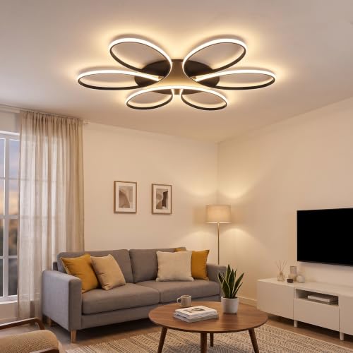 Modern LED Ceiling Light Fixture Black Flush Mount Ceiling Lamp with Remote Control Dimmable Rings Flower Shaped Ideal for Small and Medium Living Room Big Bedroom Kitchen