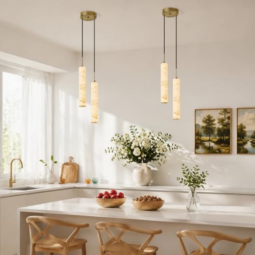 Gold Natural Alabaster Long Tube Kitchen Island Pendant Lights