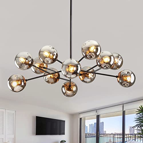 12 Light Mid Century Modern Black and Gold Glass Globe Sputnik Chandelier