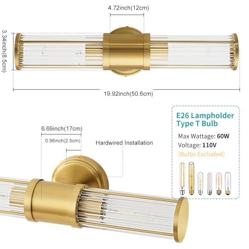 Hardwired Gold Bathroom Vanity Light Glass Rod Wall Sconce