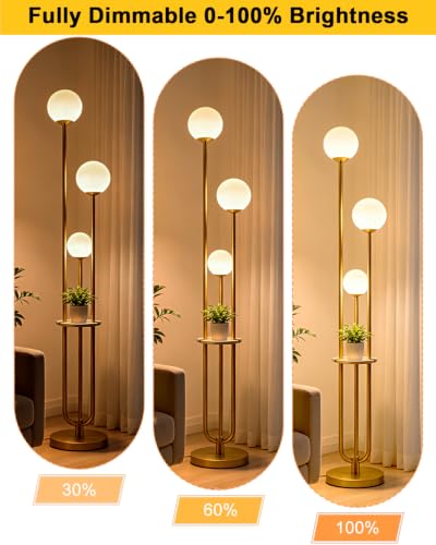 63IN Dimmable Gold Floor Lamp with Shelf Mid Century Standing Lamps with 3000K Bulbs Included Modern Globe Floor Lamp for Living Room (3 Count)
