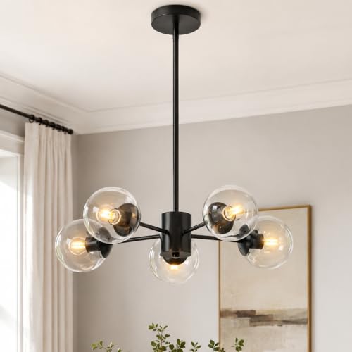 5 Light Globe Sputnik Chandelier Black Mid Century Sputnik Chandeliers Dimmable Globe Pendant Light Matte Black Finished with Clear Glass Lampshade Chandeliers for Dining Room
