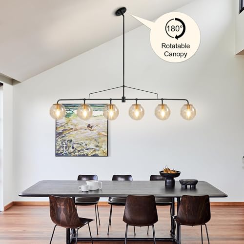 Modern Linear Chandelier 6 Lights Seeded Glass Globe Sputnik Pendant Light