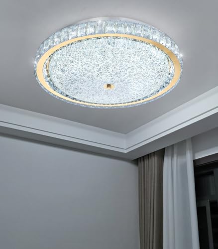 19.6" Modern Crystal Chandelier Dimmable LED Flush Mount Ceiling Light with Remote Control for Living Room Dining Room Bedroom Hallway Foyer Gold
