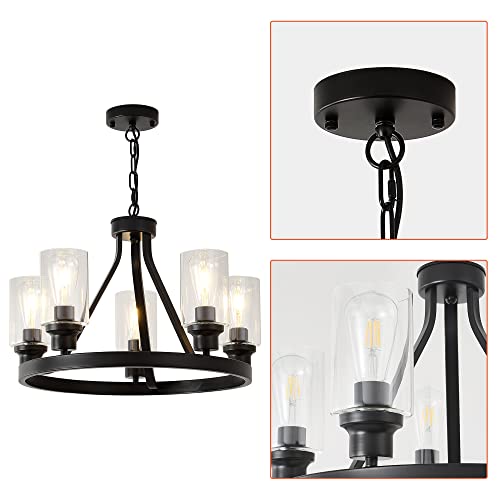 Farmhouse Chandelier Lighting Round 5 Lights Black with Glass Shade Ceiling Hanging Vintage Rustic Light Fixture for Dining Room Living Room Foyer Porch Kitchen Island