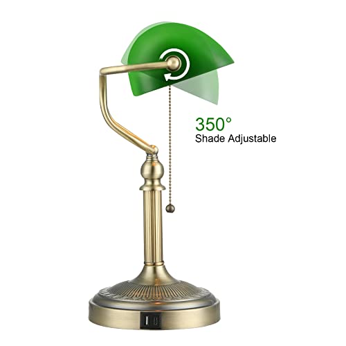 Green Glass Bankers Desk Lamp with USB Fast Charging Port