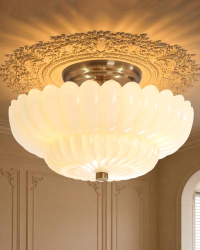 Semi Flush Mount Ceiling Light Fixture 11.8" Vinatge Gold Ceiling Lights Mid Century Modern Milk White Glass Close to Ceiling Lighting Fixtures for Bedroom Hallway Foyer Bathroom Kitchen