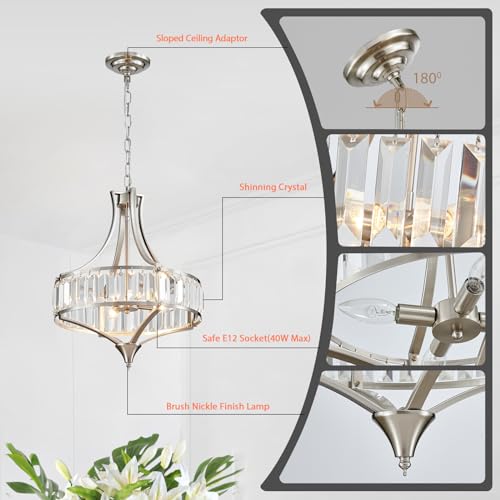 Crystal Chandeliers for Dining Room 15.7" Round Rustic Farmhouse Hanging Pendant Lighting Fixture Modern Brushed Nickel Chandelier Metal Shade 4