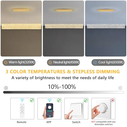 Rectangular Crystal Chandelier with Dimmable LED Lights Dining Room Remote Ceiling Pendants Lighting Fixtures for Kitchen Island Gold