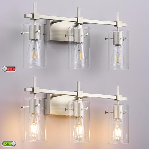 3 Lights Vanity Light Bathroom Light Fixture Over Mirror for Bathroom Glass Shade Lights Brushed Nickel Vintage Lighting Fixture (3 Count)