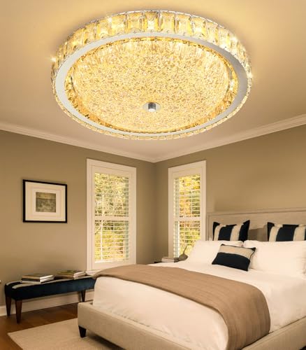 19.6" Modern Crystal Chandelier Dimmable LED Flush Mount Ceiling Light with Remote Control for Living Room Dining Room Bedroom Hallway Foyer Silver