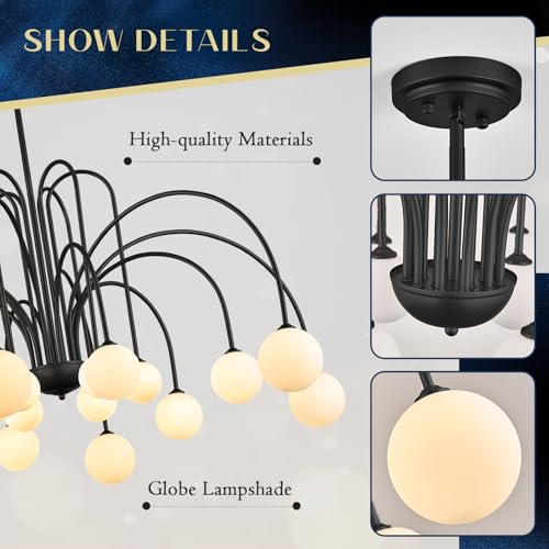 Black Sputnik Chandelier with Milk Glass Globe 18 Lights L59 Inch