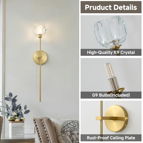 Gold Crystal Wall Sconces Brushed Brass Mid Century Modern Bathroom Sconce