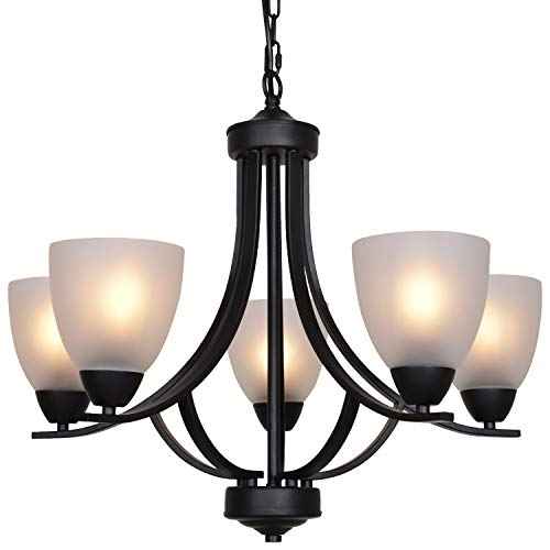 5 Light Shaded Contemporary Chandeliers with Alabaster Glass Black Rustic Light Fixtures Ceiling Hanging Mid Century Modern Pendant Lighting for Dining Room Foyer Bedroom Living Room