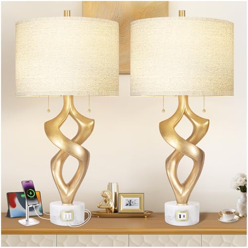 31” Tall Sculptural Table Lamp Set of 2 with USB Ports for Bedroom (2 Count)