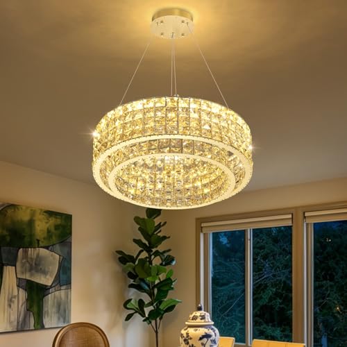 LED Chandeliers for Dining Room LED Dimmable Pendant Lights for Kitchen Island Crystal Adjustable Chandelier for Bedroom Hallway Entrance 20" Silver Light
