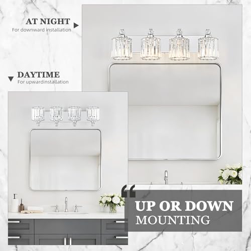 4 Light Modern Bathroom Light Fixture Chrome Vanity Lights Over Mirror Wall Sconce Lighting with K9 Crystal Shades Bathroom Wall Lamp E26 Base for Bedroom