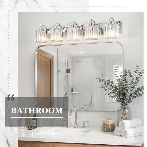 5 Light Modern Bathroom Light Fixture Chrome Vanity Lights Over Mirror Wall Sconce Lighting with K9 Crystal Shades Bathroom Wall Lamp E26 Base for Bedroom