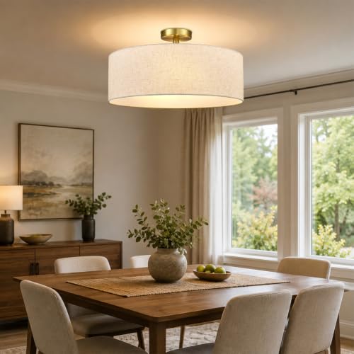 20 Inch Drum Semi Flush Mount Ceiling Light Fixture Gold