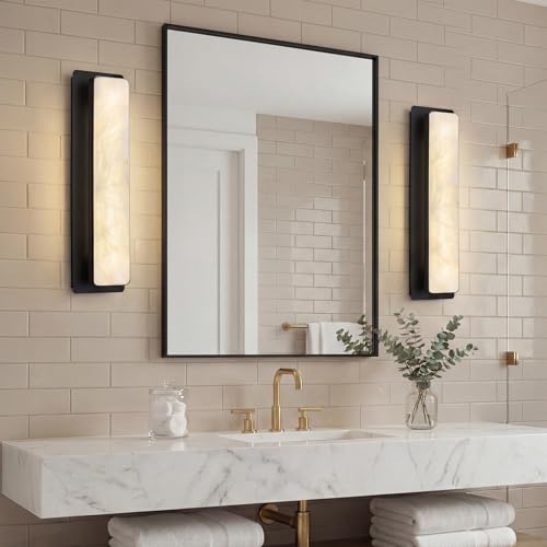 Alabaster Wall Sconces Set of Two Modern LED Wall Lights Natural Spanish Marble 20" Rectangular Wall Sconce Black Wall Lamps for Bedroom Living Room Hallway Staircase