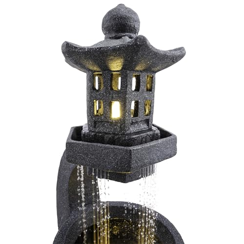 DIG370 31" Outdoor Zen Pagoda Water Fountain with LED Lights & Illuminated Stone Bowl