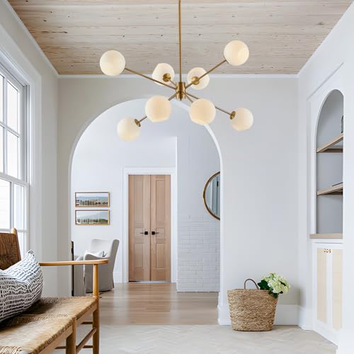 8 Lights Gold Globe Sputnik Chandelier Vintage Milk Glass Chandelier Light Fixture Large Modern Sputnik Pendant Lights Kitchen Island Mid Century Brushed Brass Bedroom Ball Hanging
