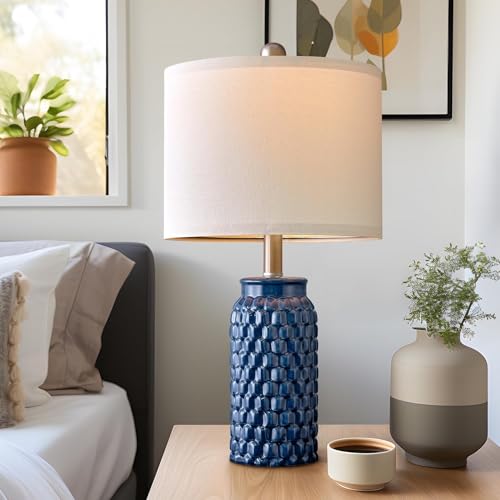 20.5 inches Modern Ceramic Dark Blue Bedside Lamp Set of 2 for Bedroom Decor Farmhouse Table Lamp for Living Room Office Dorm (2 Count)