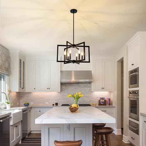 6-Light Black Chandelier, Farmhouse Dining Room Light Fixture, Large Modern Chandelier, Geometric Industrial Metal Hang Lighting Fixture for Foyer Entryway Kitchen Over Table Hallway Living Room
