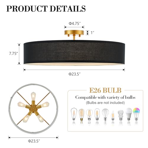 Black and Gold Semi Flush Mount Ceiling Light Fixture