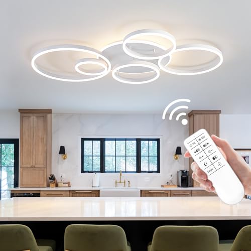 Modern LED Ceiling Light White Flush Mount Ceiling Lights Fixtures Dimmable 47" Dining Room Light Fixture with Remote 6 Rings Kitchen Lighting Fixtures Ceiling Lamp for Bedroom
