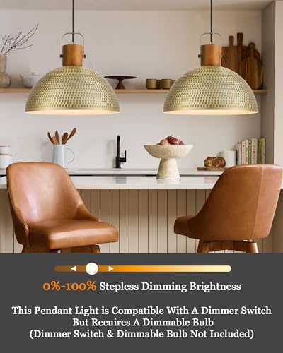 16 Inch Large Hammered Pendant Light Fixtures Ash Wood Vintage Dome Hanging Lamp Antique Gold Metal Kitchen Chandelier for Island