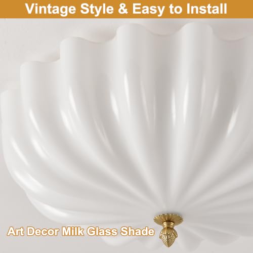 Large 17.7in Milk Glass Ceiling Light Flush Mount Flower 3 (Gold & Milk / 17.7in)