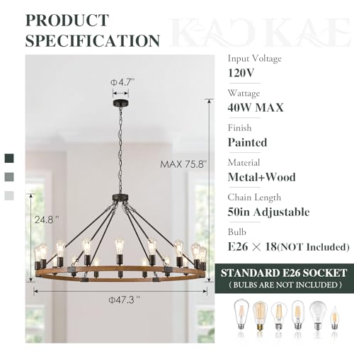 Farmhouse Wagon Wheel Chandelier 47" Oak Wood Chandelier Light Fixture 18