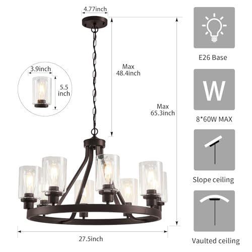8 Light Farmhose Chandelier for Dining Room Light Fixture Oil Rubbed Bronze Kitchen Pendant Light Round Rustic Ceiling Hanging Lighting with Glass Globes Adjustable Height Metal E26