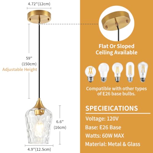 Hammered Glass Pendant Lights Brushed Gold Kitchen Lighting Over Island (3 Count)