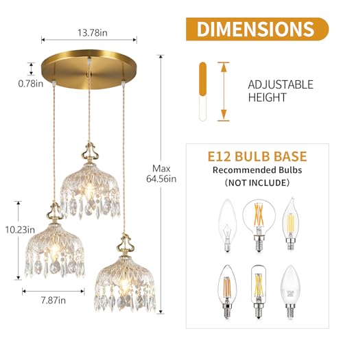 3 Light Pendant Light Fixtures Brass Vintage Glass Pendant Lights Crystal Hanging Light Fixtures (3 Count)