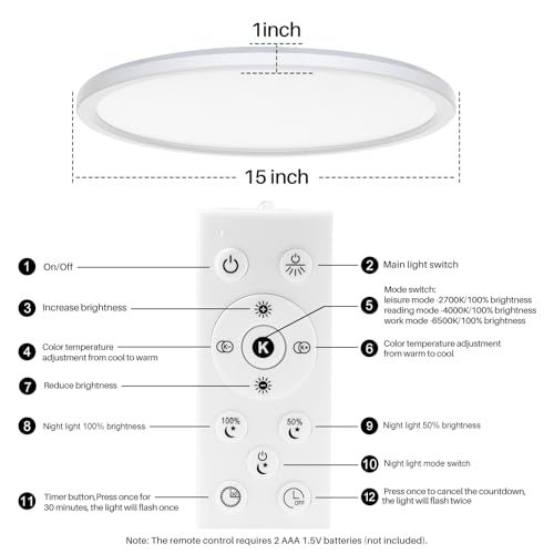15 Inch LED Flush Mount Ceiling Light with Remote