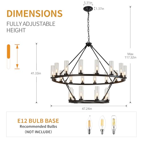 48 Inch Large Black Wagon Wheel Chandelier with Clear Glass Shade 2 Tier 24