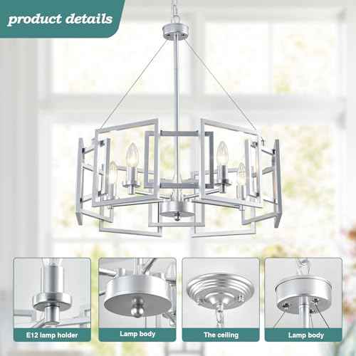 Modern Chandelier Chrome Geometric Pendant Lighting Fixture 5-Light Metal Farmhouse Chandelier for Dining Room Living Room entryway Kitchen Bedroom Island