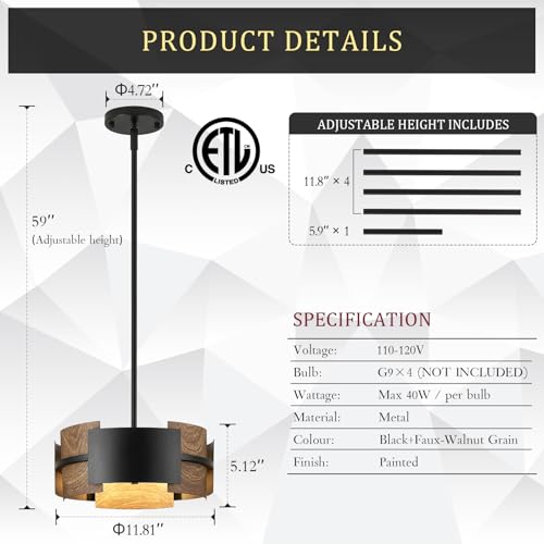 12" 4 Light Industrial Drum Chandelier with Walnut Grain Finish (4 Count)